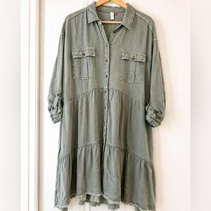 PILCRO Anthropologie Sage Green Tiered Shirt Dress Large Oversized